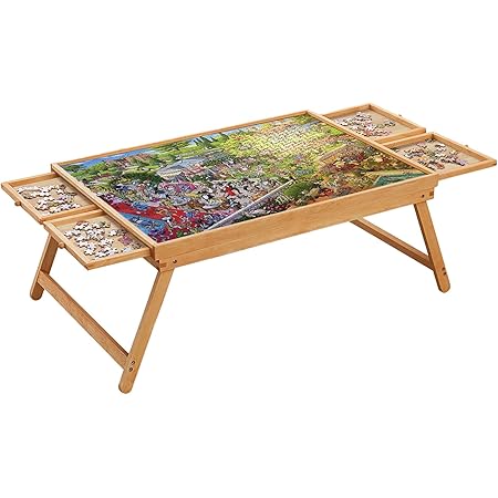 Rose Home Fashion 1500PCS Folding Puzzle Table, Puzzle Board with Foldable Legs and 4 Drawers & Cover, 34" x 26" Wooden Puzzle Table for Bed, Puzzle Tables for Adults, Portable Folding Puzzle Tray