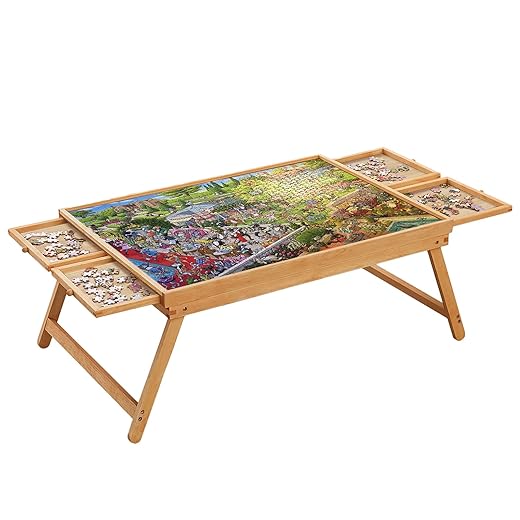 Rose Home Fashion 1500PCS Folding Puzzle Table, Puzzle Board with Foldable Legs and 4 Drawers & Cover, 34" x 26" Wooden Puzzle Table for Bed, Puzzle Tables for Adults, Portable Folding Puzzle Tray