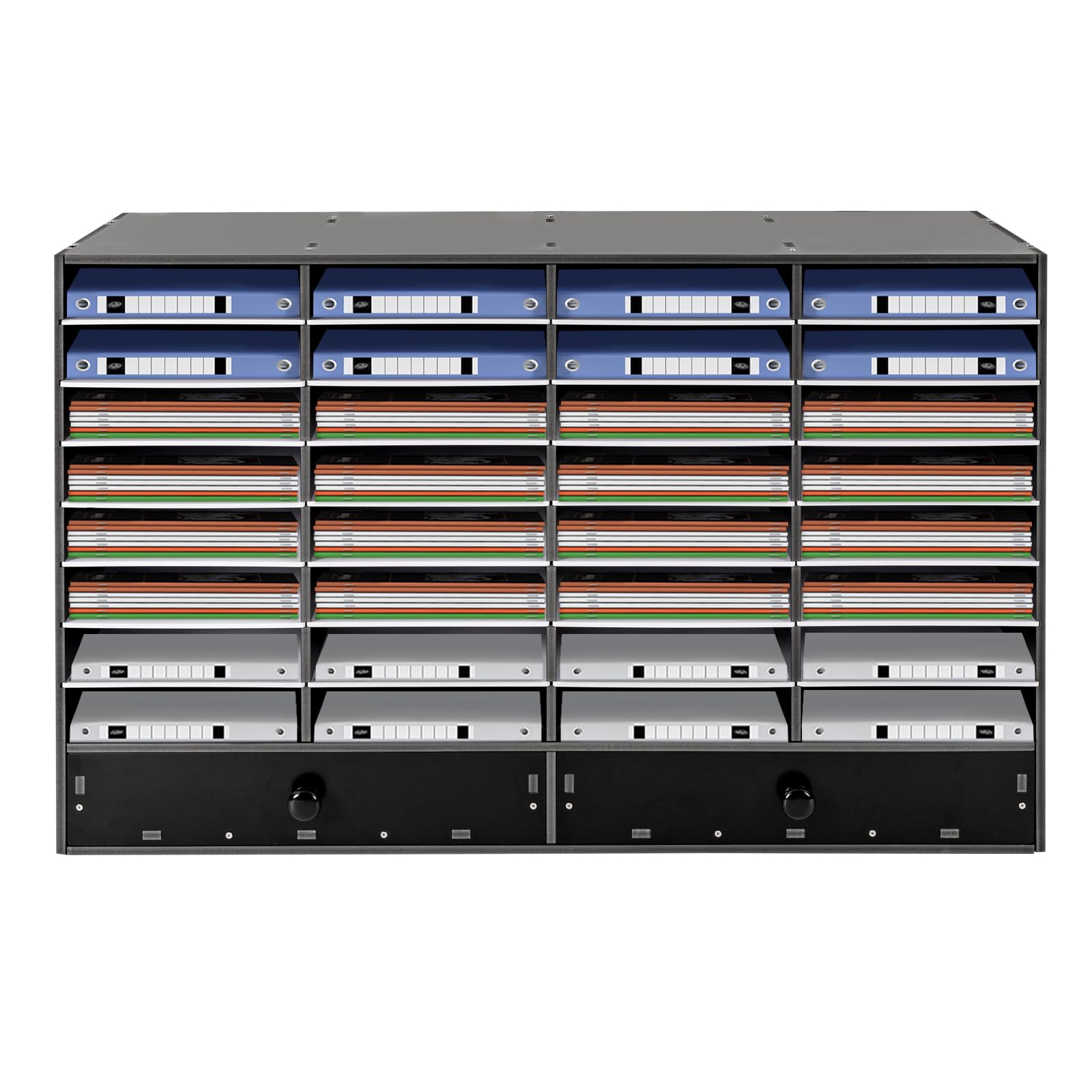 Literature Organizer, 32 Compartments Office Mailbox with Removable Stackable Desktop File Sorter Mail Center with 2 Drawers Cabinet for Office, Classroom, Mailrooms Organization (Black)