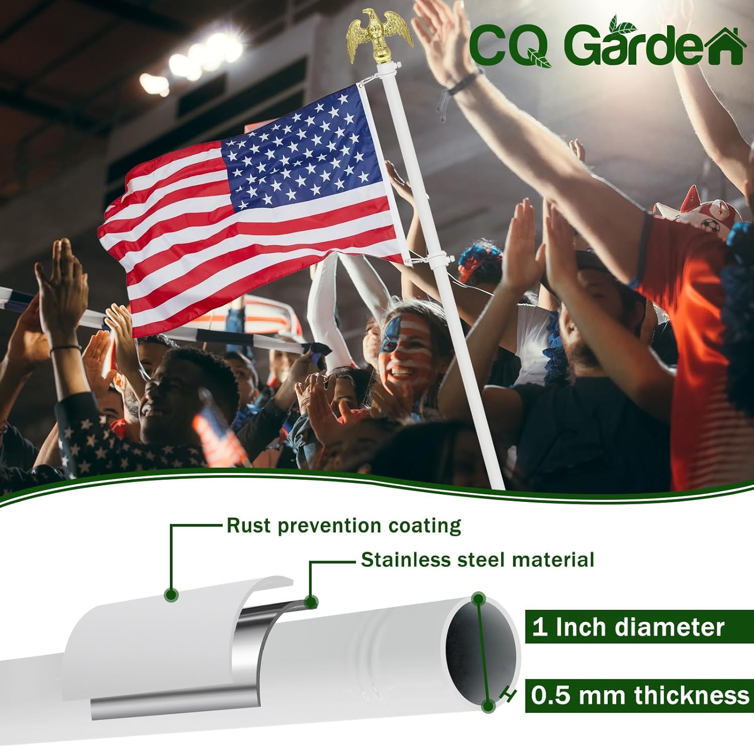 Flag Pole for Outside House, 6 FT Flag Pole Kit for Outdoor with Holder, 3x5 US Flag and Eagle Topper, Stainless Steel House Flag Pole for Porch (White) - Image 3