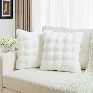 FUTEI Cream White Decorative Throw Pillow Covers 18x18 Inch Set of 2,Soft Fuzzy Faux Rabbit Fur Cushion Covers with Raised Texture,Neutral Boho Home Decor for Couch Bed Living Room