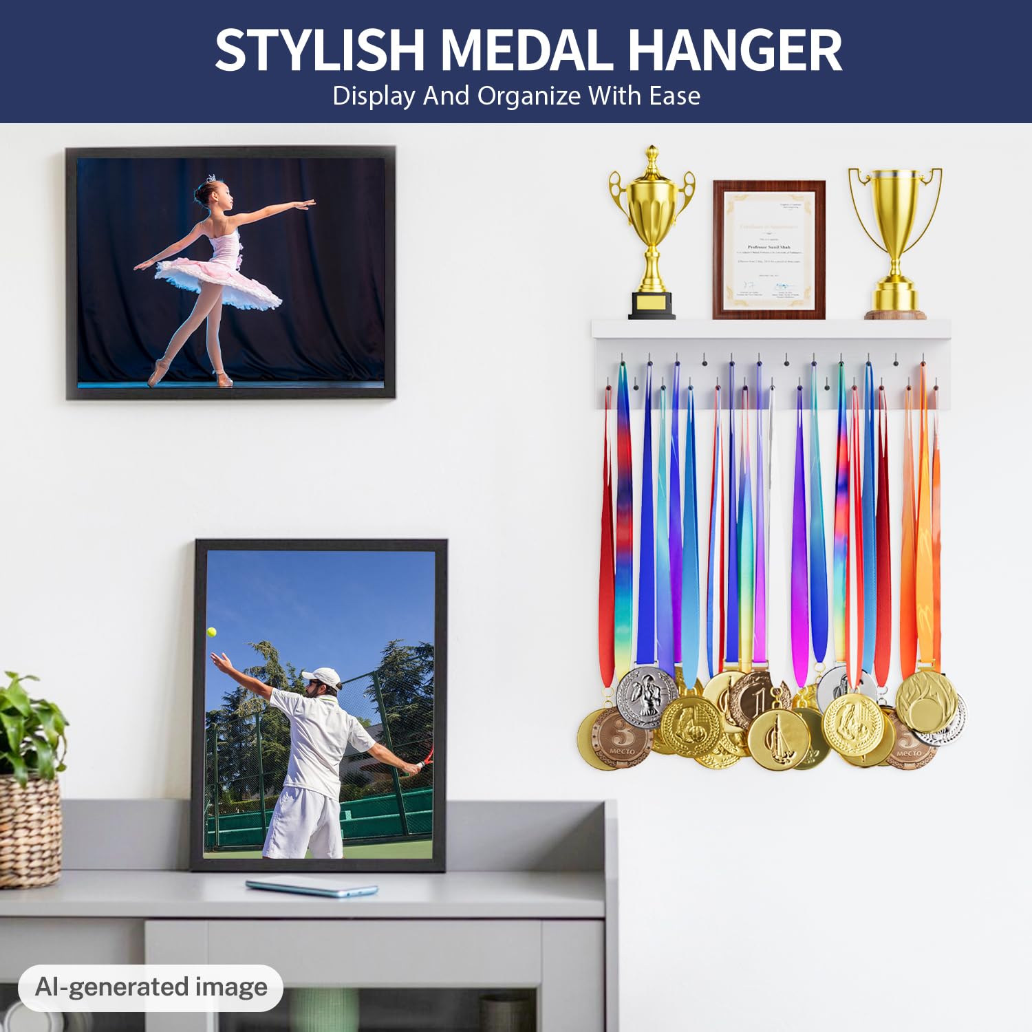 Soporte para Medallas y Trofeos - Estante de Madera Con 25 Ganchos de Acero - Organizador de Montaje en Pared para Carreras - Fácil de Instalar