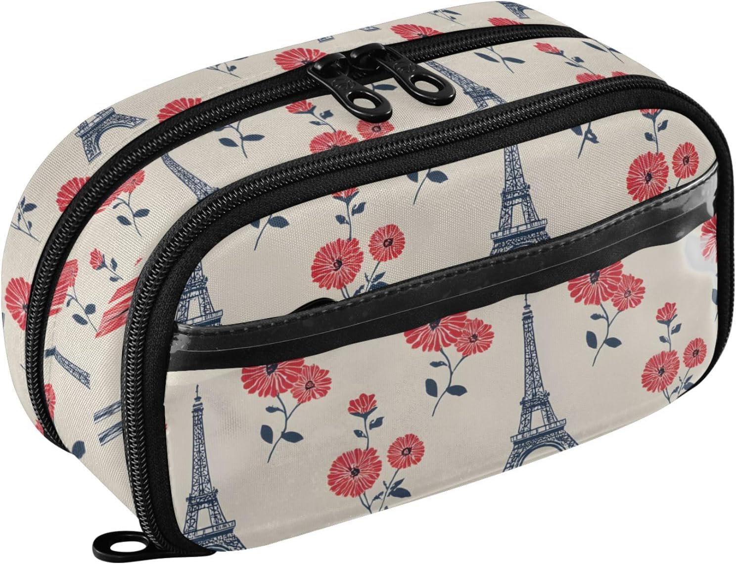 ALAZA Eiffeltier Tower Red Flower Pattern Large Capacity Pencil Case, Aesthetic Stationery Organizer Bag with Clear PVC Window, High Capacity Pen Pouch with Dividers for School Office Travel