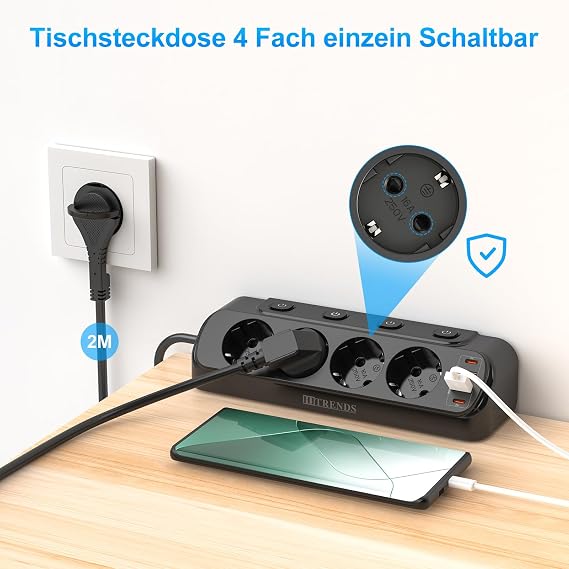 Power Strip 4-Way Individually Switchable Corner Socket with USB C PD 20 W & Flat Plug 2 m Cable Child Lock & Surge Protection Desk Socket for Office Home Office - Black