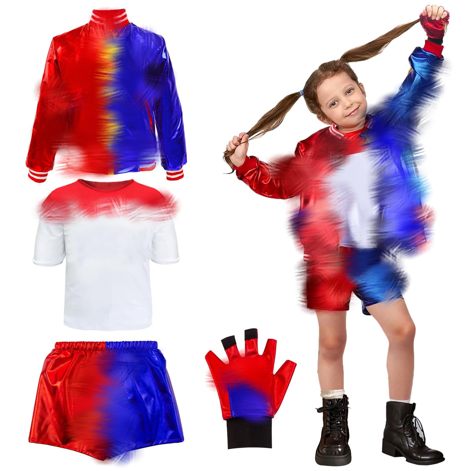 Kitimi Costumes for Kids Girls- Villain Halloween Fancy Dress Outfits Set Cosplay Costume Kit Include Jacket, T-Shirt, Shorts, Gloves, Wig, Tattoo, Baseball Bat for Theme Party 6-7 Years