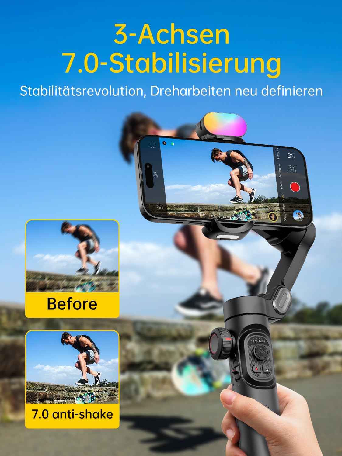 AOCHUAN 3-Achsen Gimbal Stabilisator für Smartphone mit RGB Magnetisches Fülllicht Upgraded Face Tracking Focus Wheel Faltbarer Phone Gimbal für iPhone/Androidn Stabilisator Vlog Aufnahme Smart XE Kit