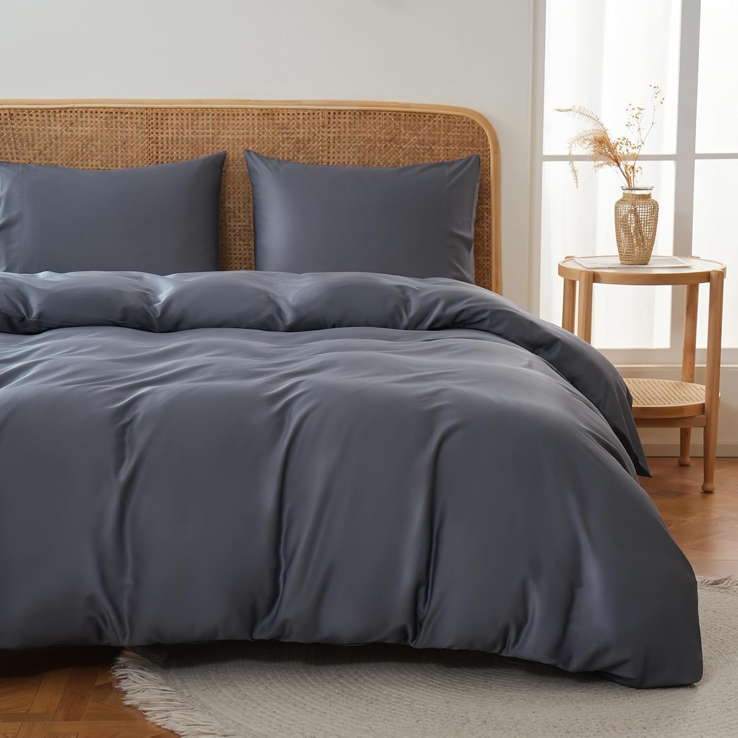 MEISHANG Duvet Cover Queen Size, 100% Rayon Derived from Bamboo, Luxury Silky Cooling Duvet Cover Set for Hot Sleepers with Zipper Closure and Corner Ties - 3 Piece Set(Queen, Gray)