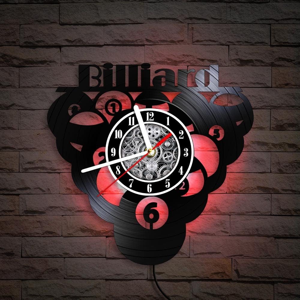 The Geeky Days Billiards Ball Pool LED Silent Vinyl Record Wall Clock 7 Color Light Luminous Hanging Watch Billiard Players Gift Game Room Decor