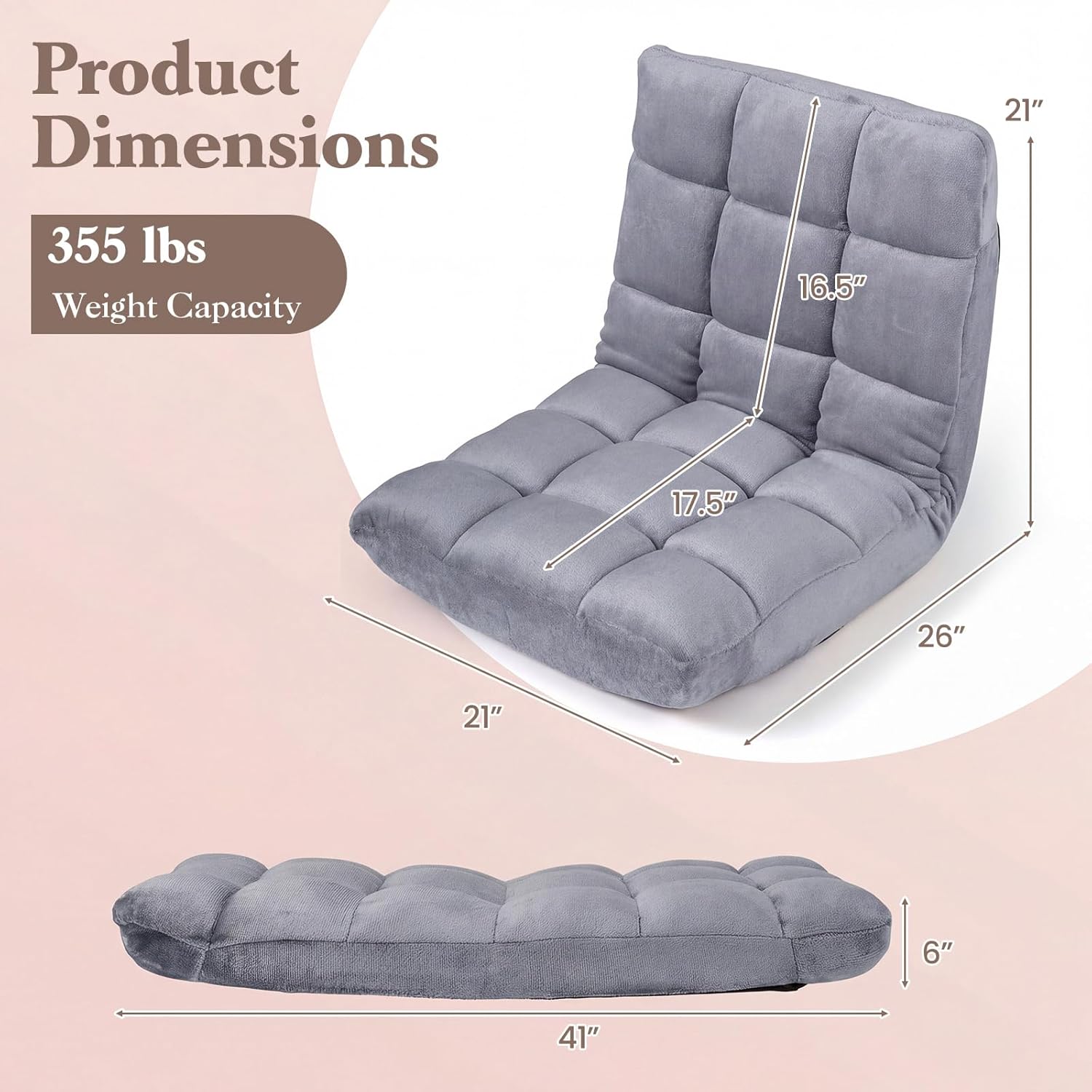 Floor Chair with Back Support, Foldling Gaming Sofa Chair with Comfy Cushion, Adjustable 14-Position Meditation Chairs, Lazy Lounge Recliner Reading Seat for Adults, Kids (Grey, Large)