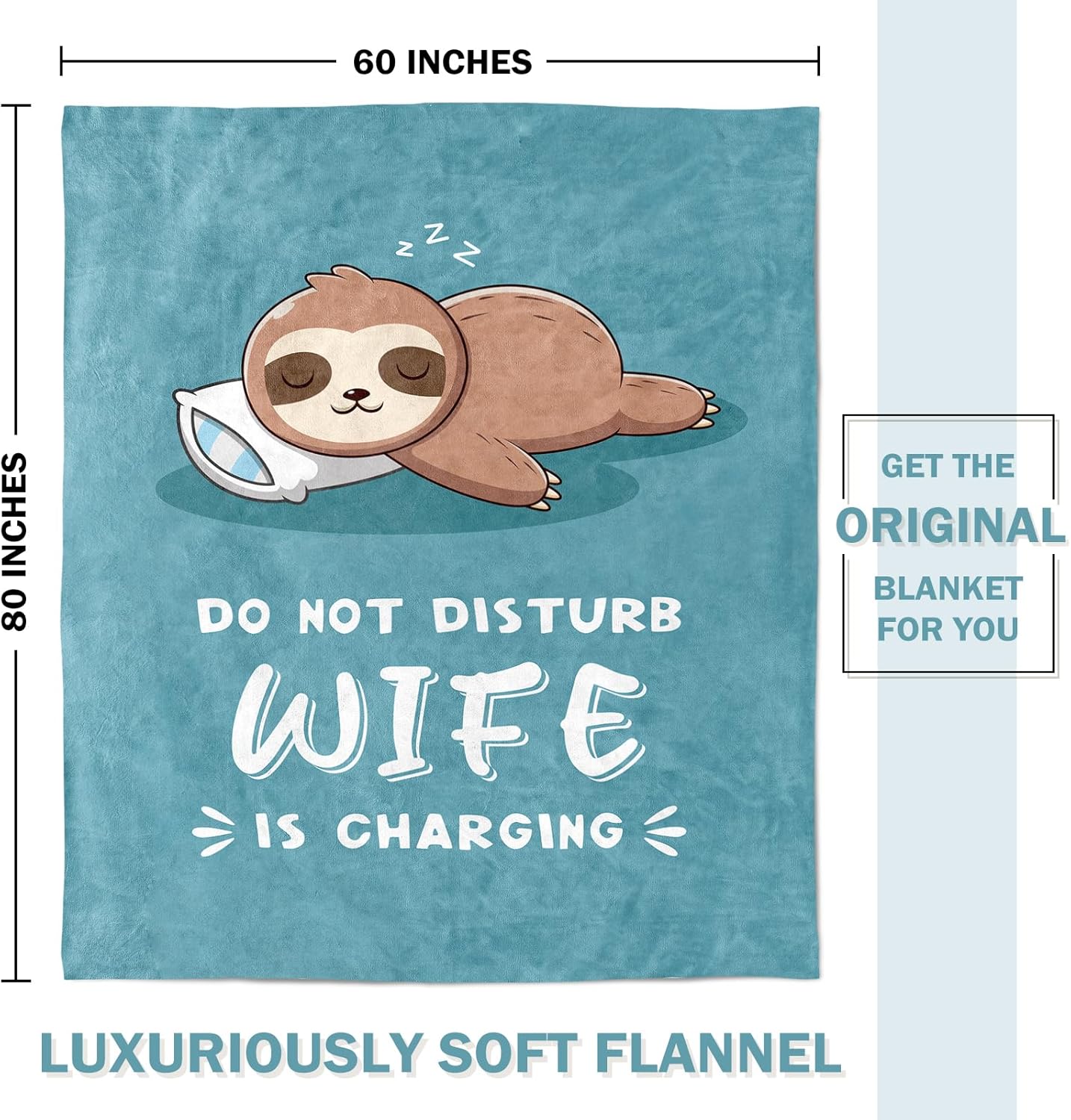 Funny Gifts for Wife Christmas, Anniversary Wedding Gifts for Wife, Wifey is Charging Sloth Blanket, Birthday Gift for Wifey from Husband, Valentines Day Gift for Her, Cyan, 60" x 80"