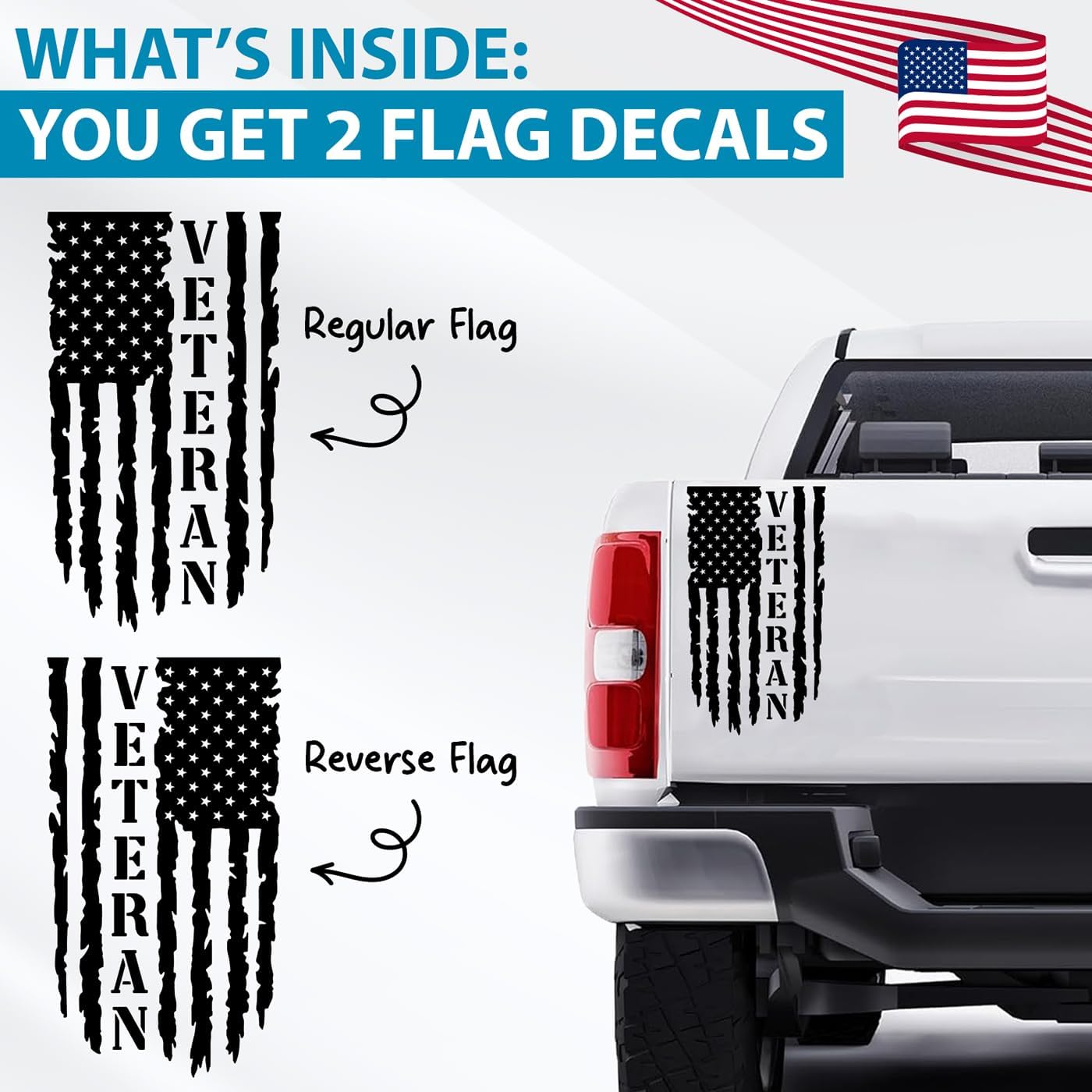 GRITKULTURE Veteran Distressed American Flag Vinyl Decal 2 Pack 17.5in x 12in for Trucks, Tailgate, Cars, US, USA Compatible with Most Pickups (Original Black)