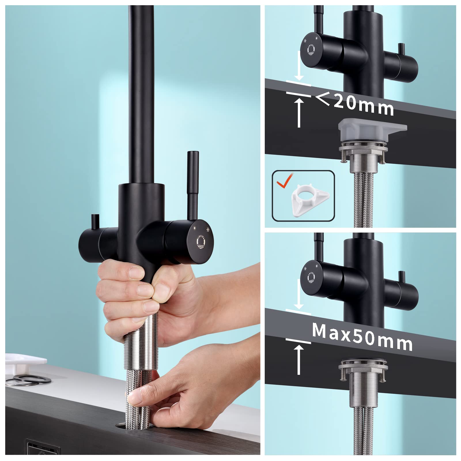 CECIPA PURE-B Robinet Cuisine 3 Voies, Mitigeur d'Évier avec Deux Sorties D'eau: Eau Filtrée et Eau Chaude/Froide - Bec Orientable 360° en Acier Inoxydable 304, Noir
