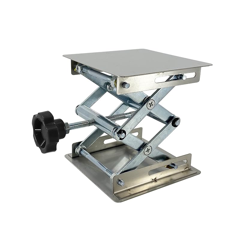 Macaco sanfona de laboratório TEXALAN em aço inoxidável 304, plataforma de 10,2 x 10,2 cm, altura máxima de 15,2 cm e capacidade de 3 kg, modelo SJT