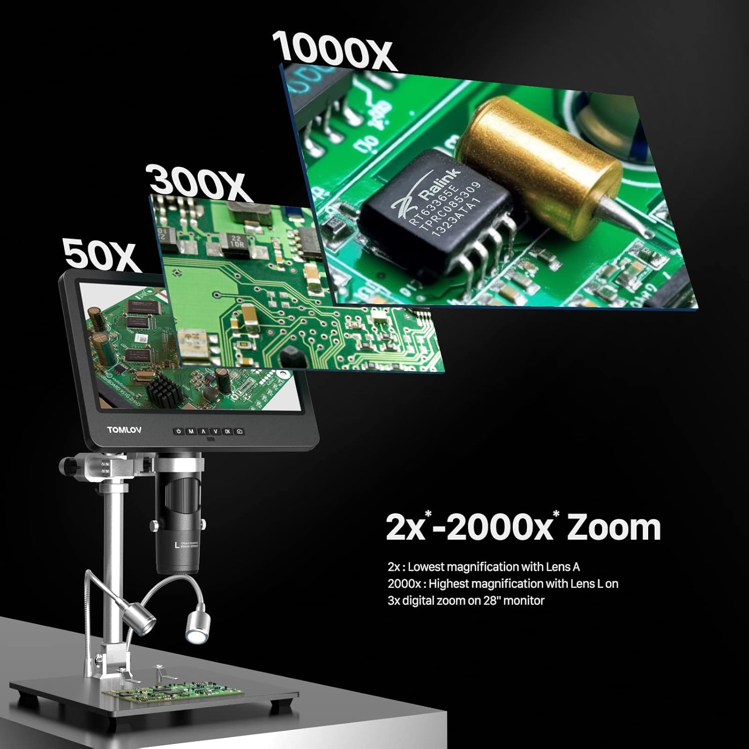 Illustration of 2x-2000x zoom capability on the TOMLOV DM602 Pro Digital Microscope