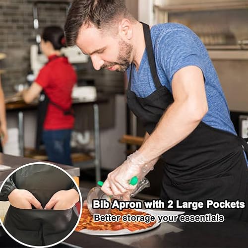 Miniatura 6 de Paquete de 12 delantales con peto, delantales negros con 2 bolsillos, delantales lisos unisex negros con lazos largos, delantales de cocina para