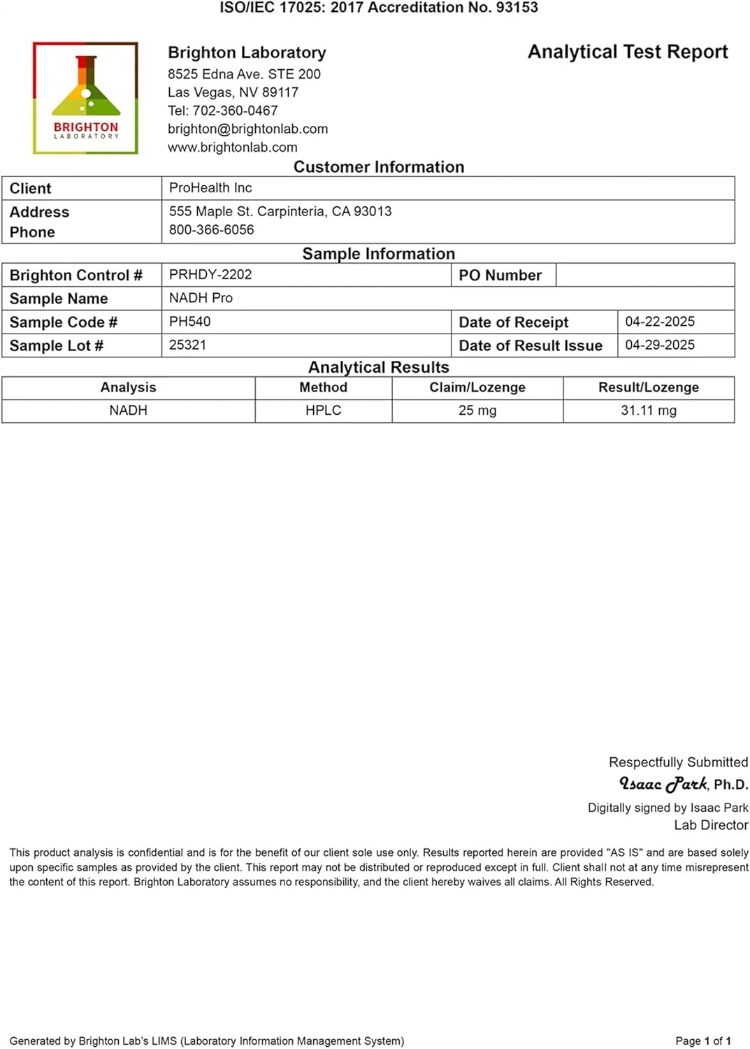 ProHealth NADH Pro - Boost NAD+ (25 mg, 60 Fast-Acting lozenges) Boost Energy, Memory and Focus | Mood Support | Antioxidant | ATP Production