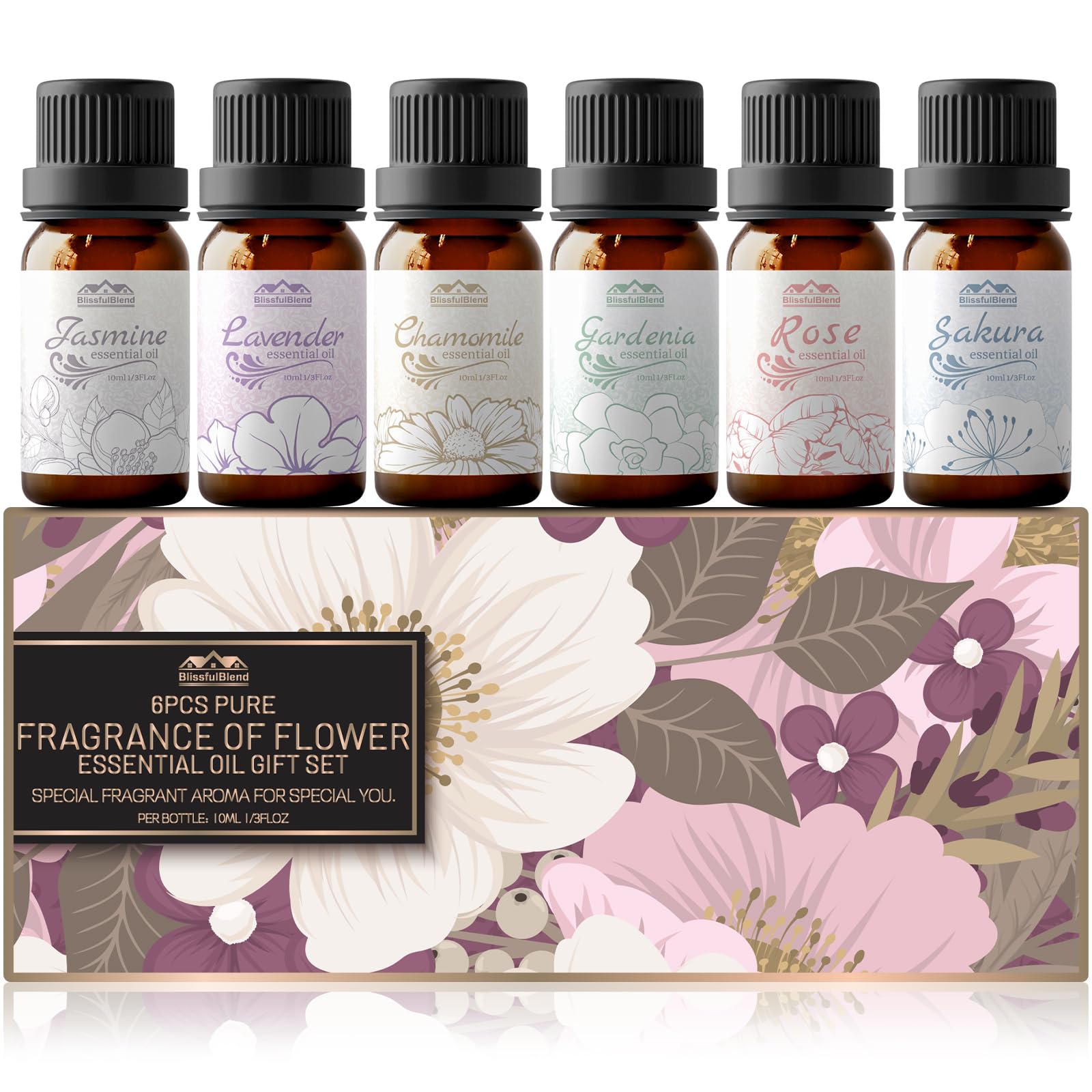 Floral Essential Oils Set Diffuser for Home, Hotel and Car Care, 6 Flavors Lavender, Jasmine, Rose, Chamomile, Sakura, Gardenia, Flower Fragrance Diffuser Essential Oil Gifts for Candle Making 10ML