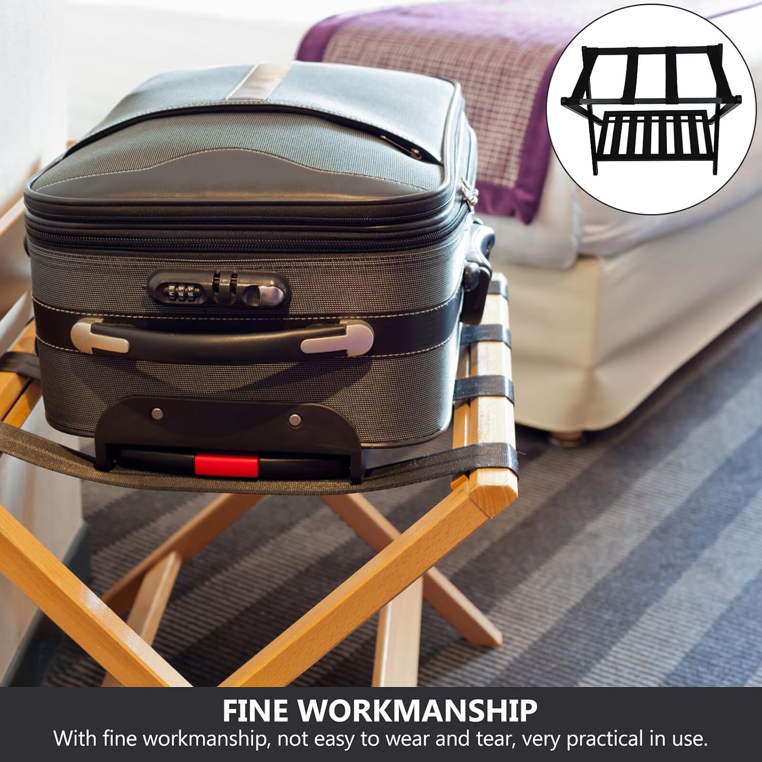 Cabilock Black Foldable Solid Wood Double-layer Luggage Rack Storage Stand for Household and Balcony Use