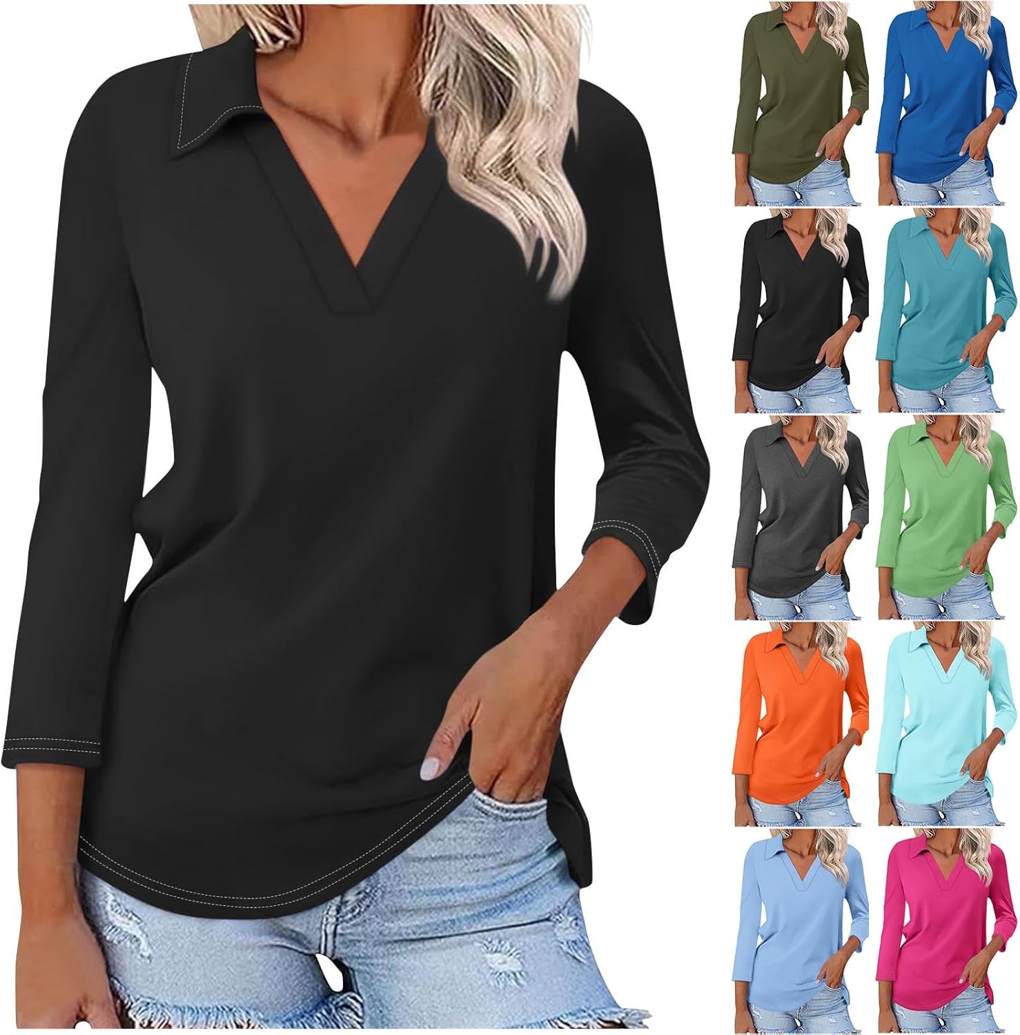 Womens Golf Shirts 1/2 Or 3/4 Length Sleeve Collared Tops Business Casual Summer Loose Blouse Lapel Tshirts Cute Tees