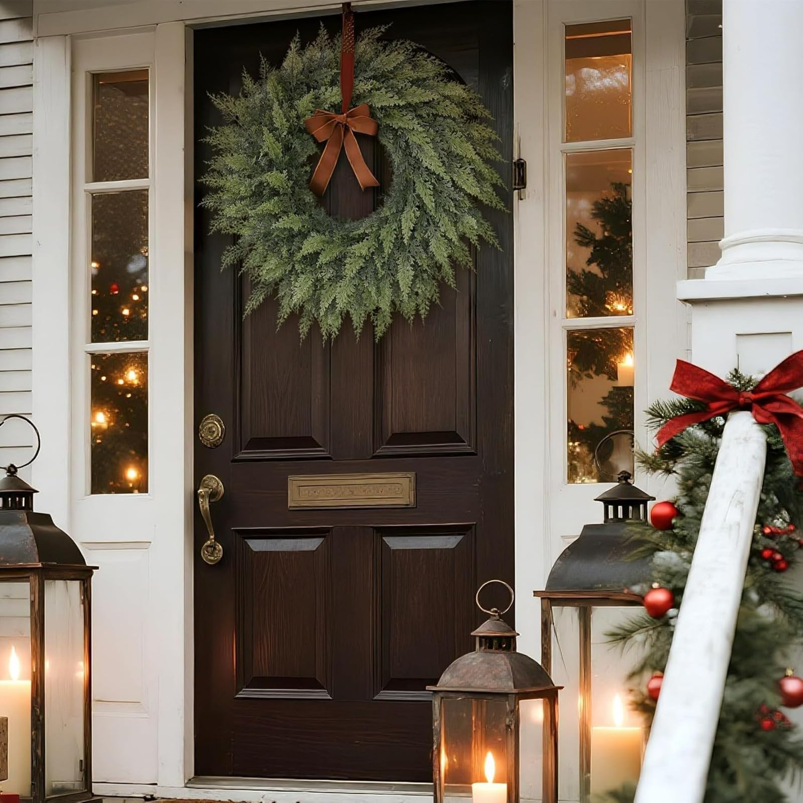 Künstlicher Zedernkranz, 61 cm, fühlt sich echt an – künstlicher Weihnachtskranz für Haustür, Urlaub, Kamin, Kaminsims, Wand, Fenster – Kieferngrün, Außendekoration