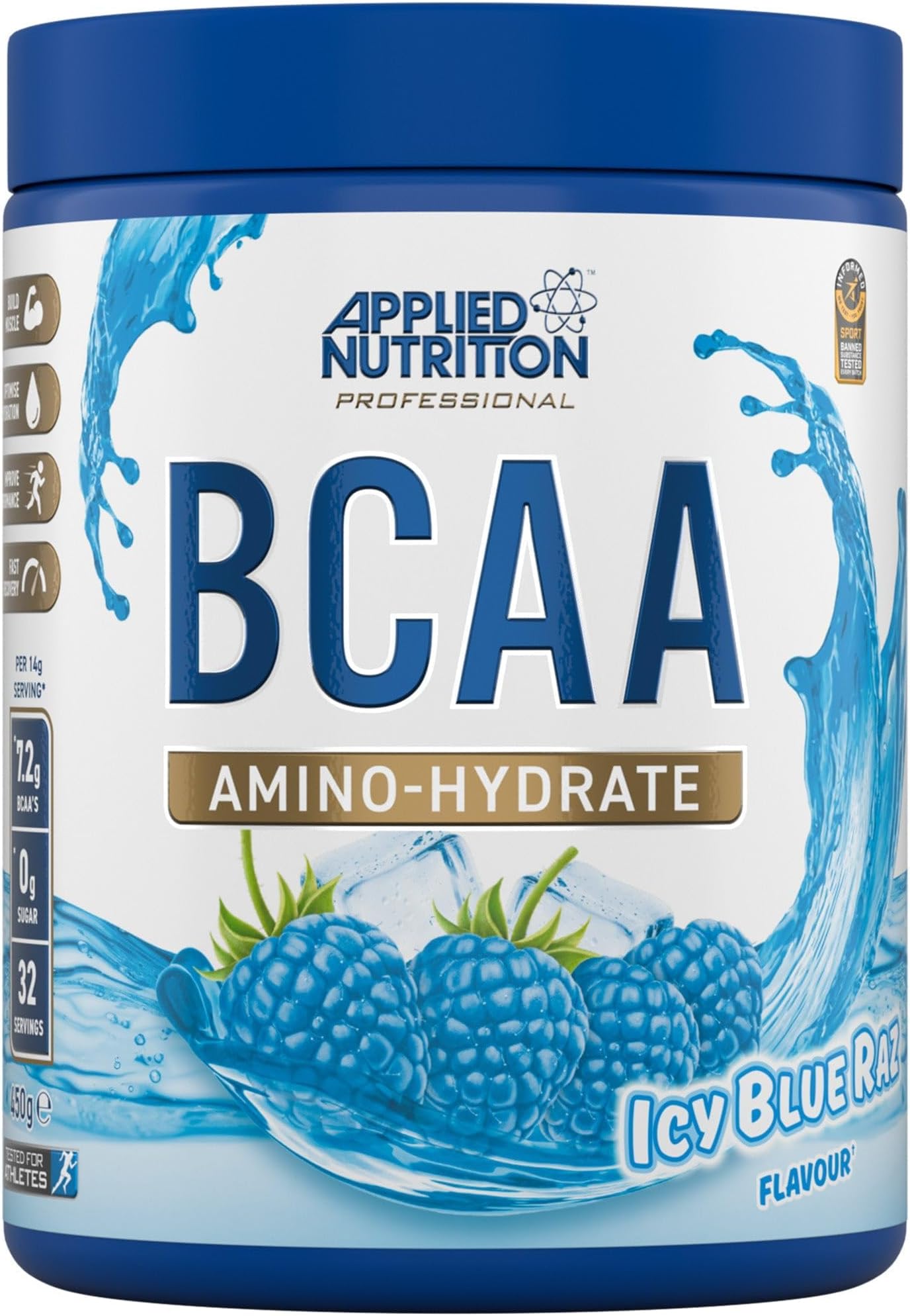 Applied Nutrition BCAA Branched Chain Amino Acids Supplement with Vitamin B6, Replenish Electrolytes, Workout and Recovery Powdered Energy Drink, ICY Blue Raz, 450 g