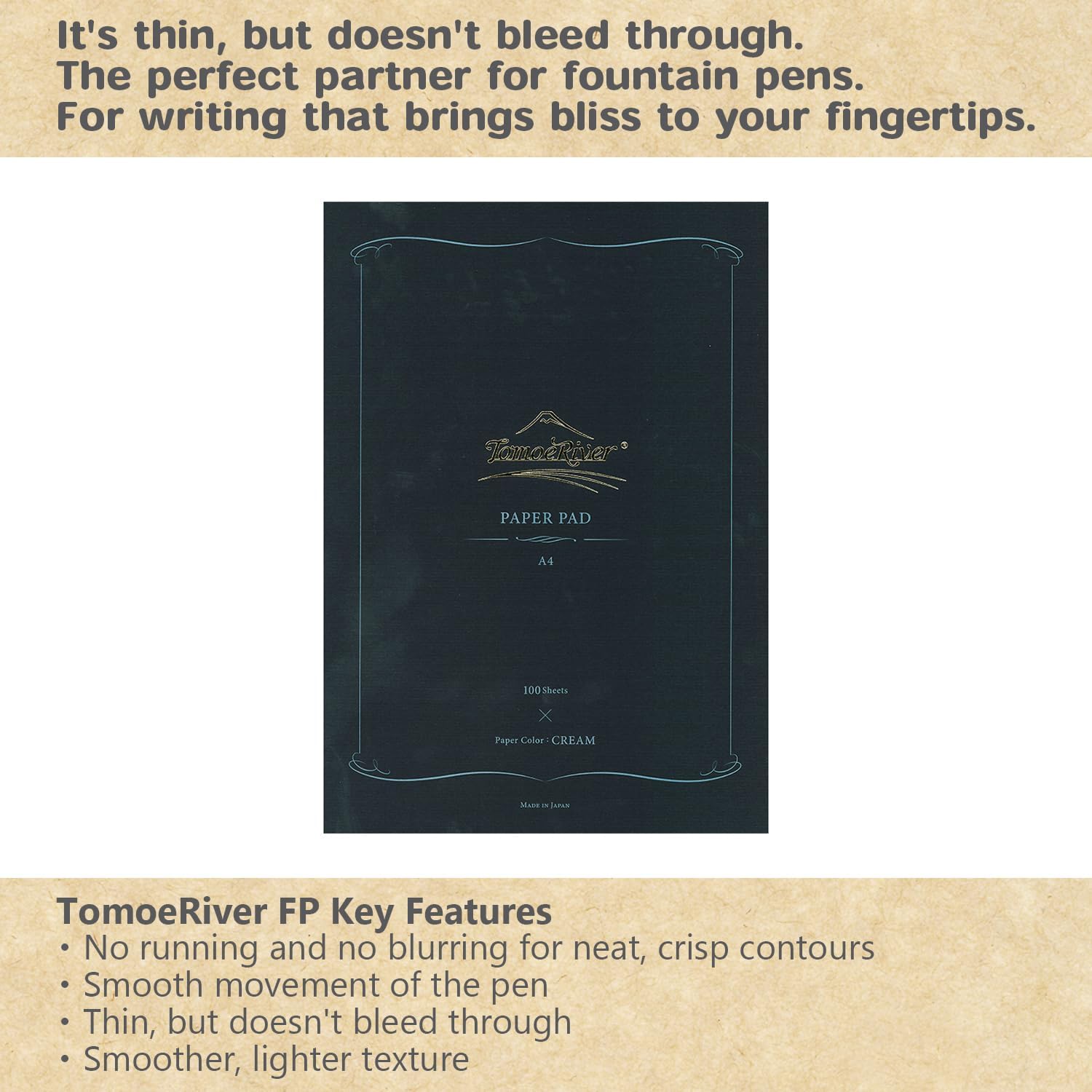 Tomoe River FP 52gsm Glue-bound Paper Pad by SANZEN, 8.27 x 11.7 Inches (A4-size), Cream, 100 Sheets (SR-A4LC)