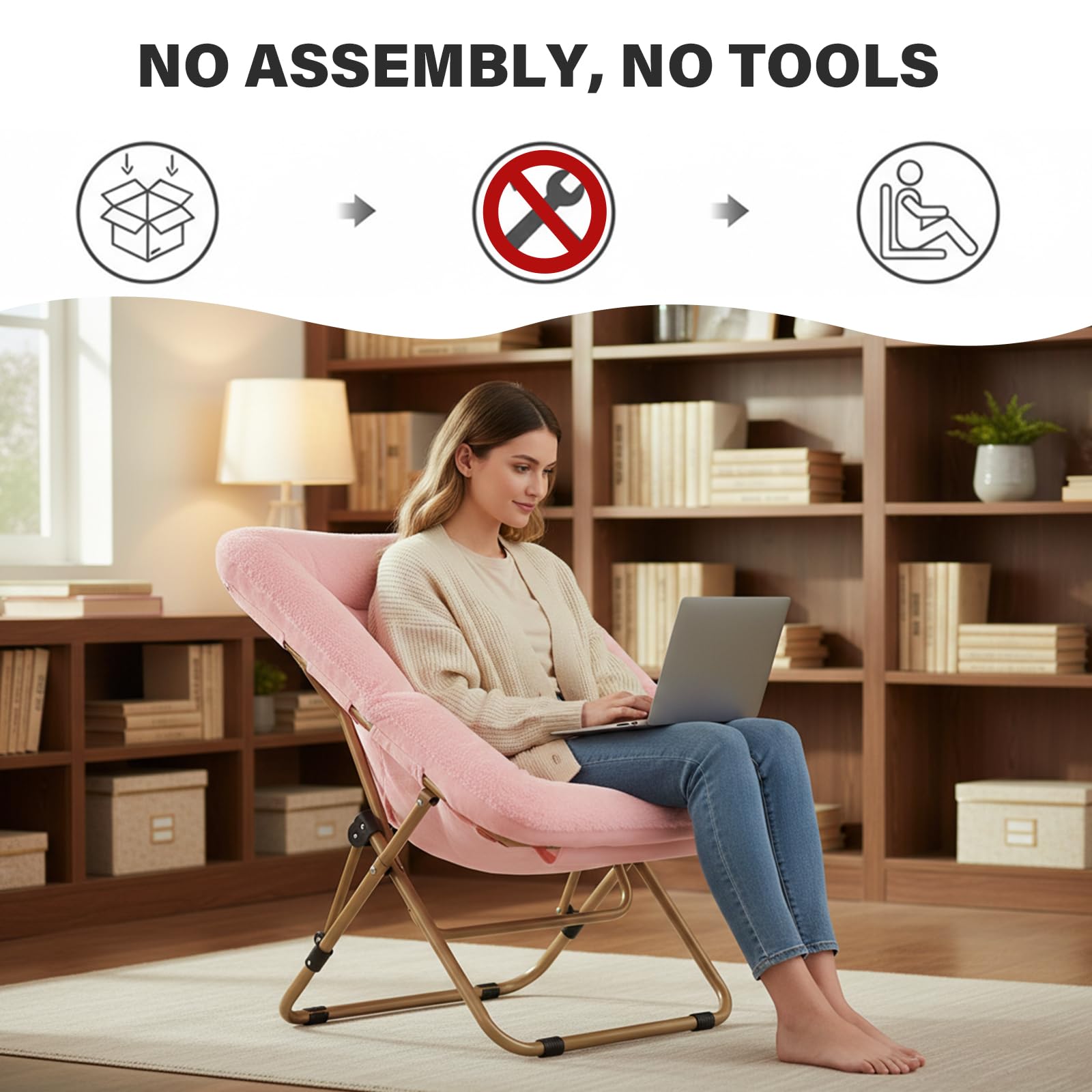 Tiita Cómoda silla plegada, silla plegable de gran tamaño de piel sintética suave, silla perezosa para niños, adolescentes y adultos, silla de luna con marco de metal para dormitorio, sala de estar