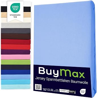 Buymax  Fitted Sheet 100% Cotton Jersey for Mattresses Up to 25 cm High 180 x 200 cm Light Blue