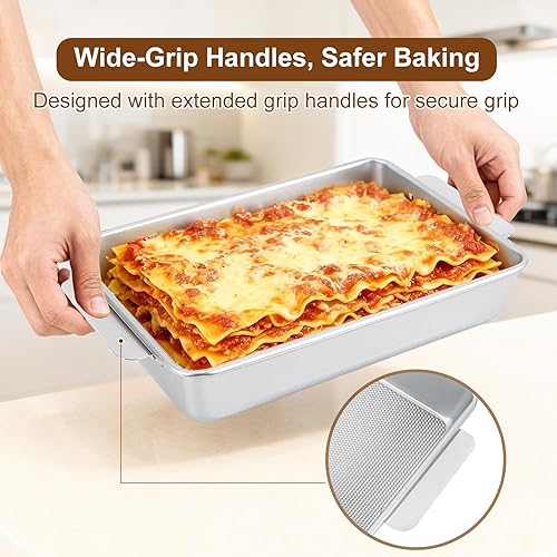 Miniatura 7 de Molde para hornear de 9 x 13 pulgadas con asas de fácil agarre, antiadherente antiadherente texturizado de acero aluminizado, bandeja para brownie