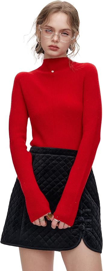 100% Wool Womens Basic Sweater Pullover Stretchy Knit Top Mock Neck Slim Fit