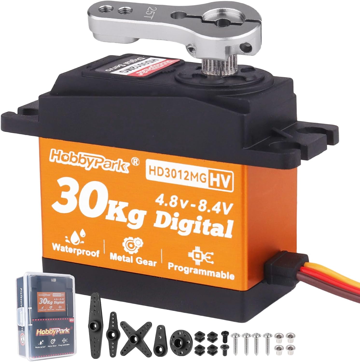 HobbyPark Waterproof 30kg RC Servo High Torque Steering Servo Motor Metal Gear All Stainless Steel Gears for Robotics DIY, RC Cars,Crawlers, Trucks, Buggy, Control Angle 180° (30kg Torque)