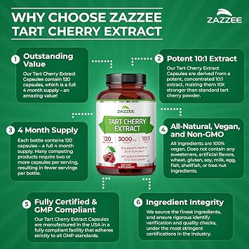 Zazzee Tart Cherry 10:1 Extract, 120 Vegan Capsules, 4 Month Supply