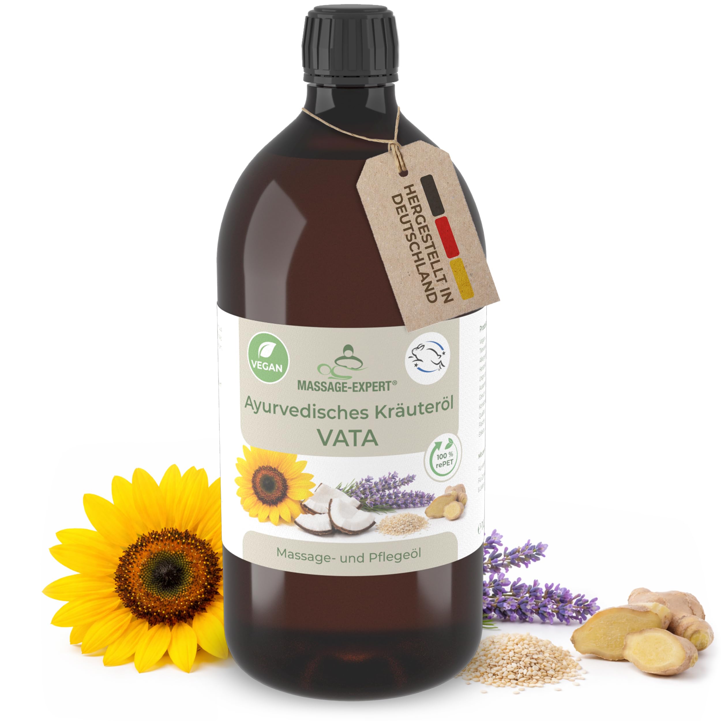 MASSAGE-EXPERT Ayurveda Kräuteröl VATA – Natürliche Ölmischung mit Kräuterextrakten für Massage & Pflege (1 Liter rePET-Flasche mit Spritzeinsatz)