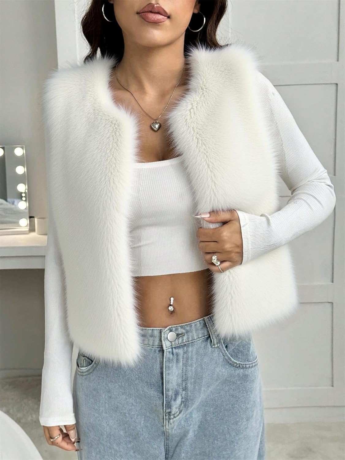 ASANDY Women's Autumn Winter Sleeveless Faux Fur Open Front Cardigan Vest Coat Soft Waistcoat Jacket Outwear - Image 4