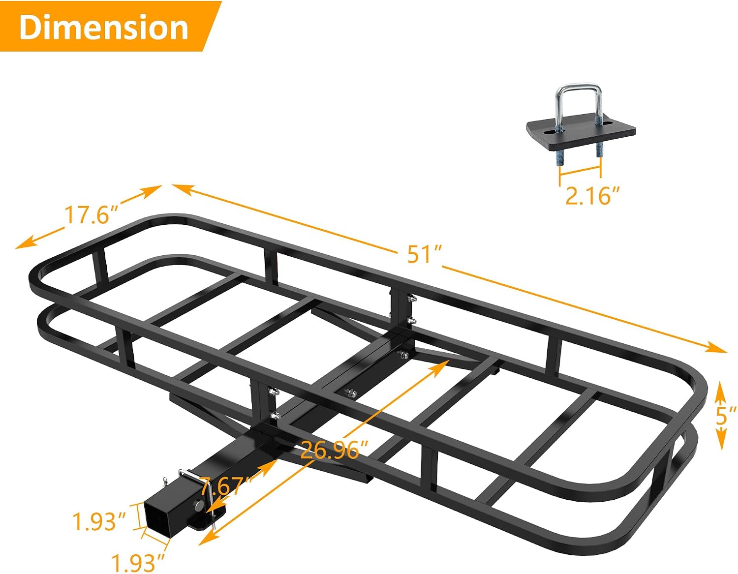 51"x17.6"x5" Hitch Car Cargo Basket with Shock Absorbers, Ratchet Straps, Rear Warning Reflective Sticker, 500 lb Heavy Duty Capacity, Suitable for Cars, SUVs, Trucks, Trailers