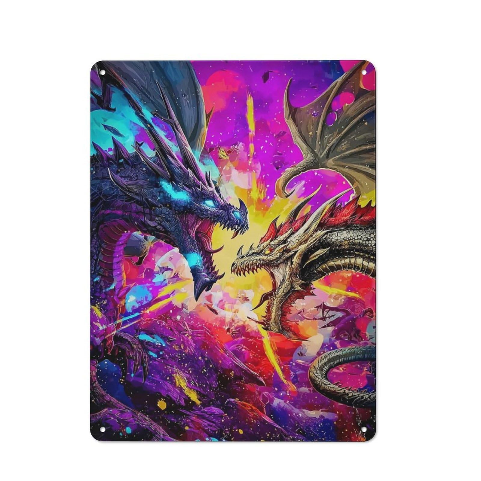 Dragons in Colorful Battle Metal Tin Sign, Clear Colour Print, for Garage, Shed, Workshop Or Hobby Room, 40x30cm