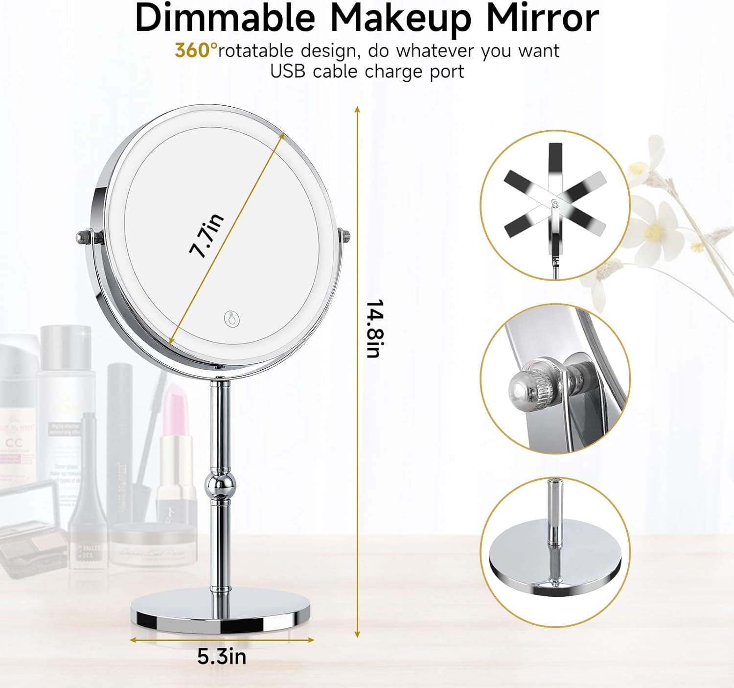 xiaojuande-Makeup Mirror, 2000mAh Rechargeable Double-Sided Magnifying Vanity Mirror with 3 Colors, 1X/10X, 360° Rotation, Adjustable Brightness, Gifts for Mom, Women,Wife, Girls, Dorm Room Essential