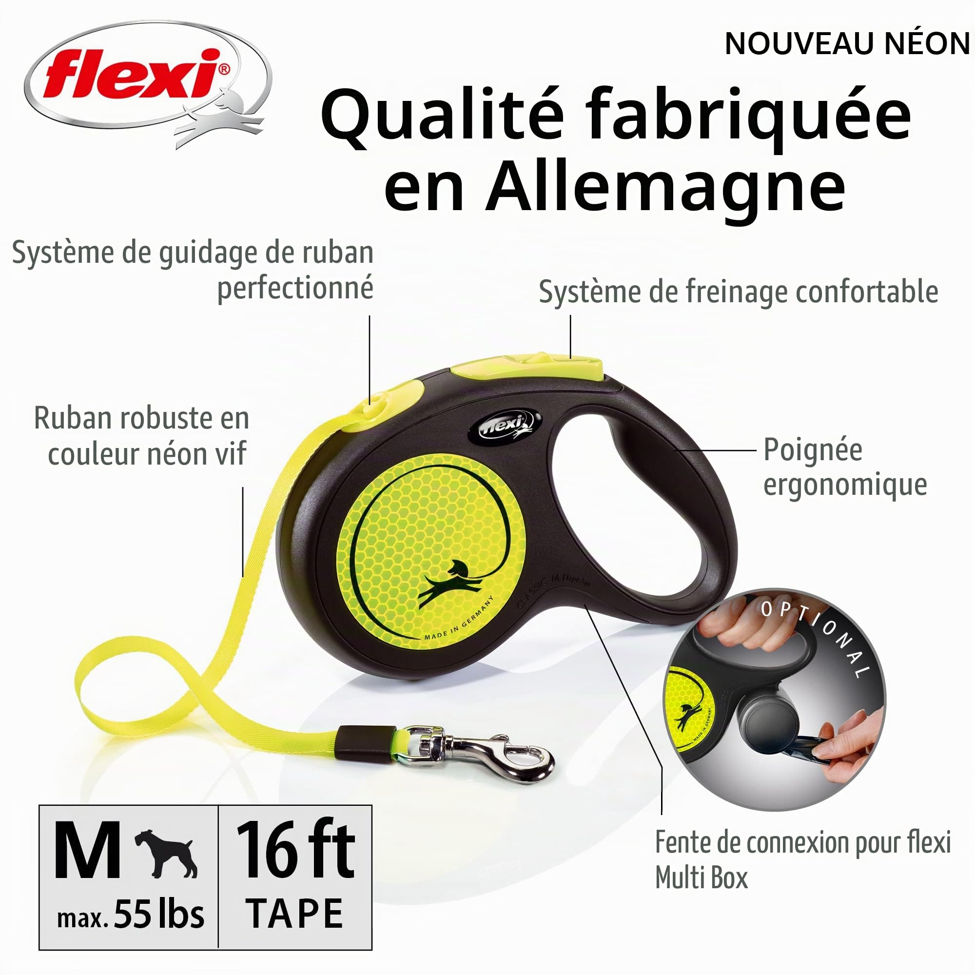 flexi® Laisse rétractable réfléchissante pour Chien (Ruban adhésif), Ergonomique, Durable et sans nœuds, 4,9 m, Taille M, Fluo/Noir