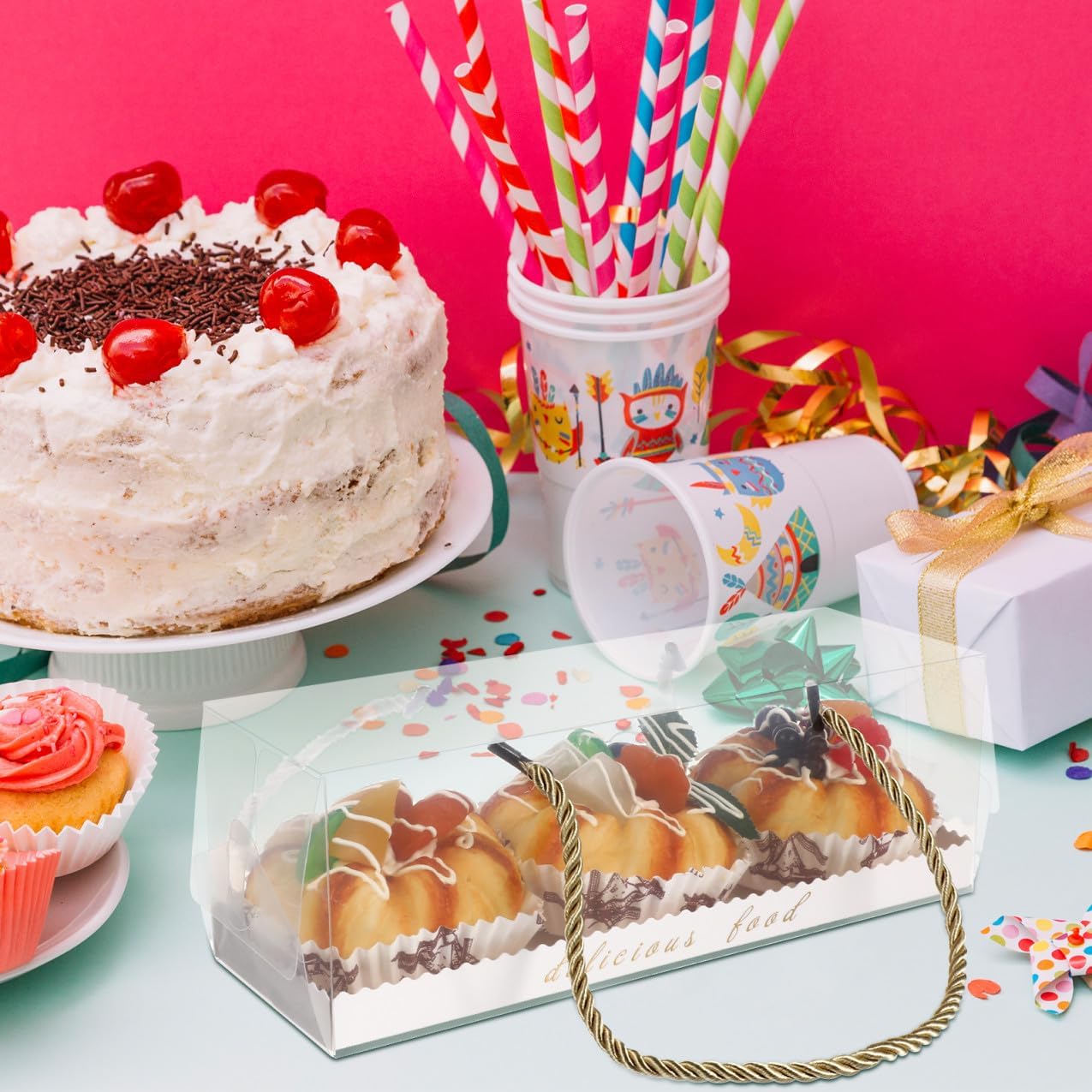 10 Pcs Plastic Cake Wrapping Boxes 22.5x7.8x7.8cm Baking Food Storage Containers with Ribbon Handle Portable Dessert Packaging for Bakery and Home Use