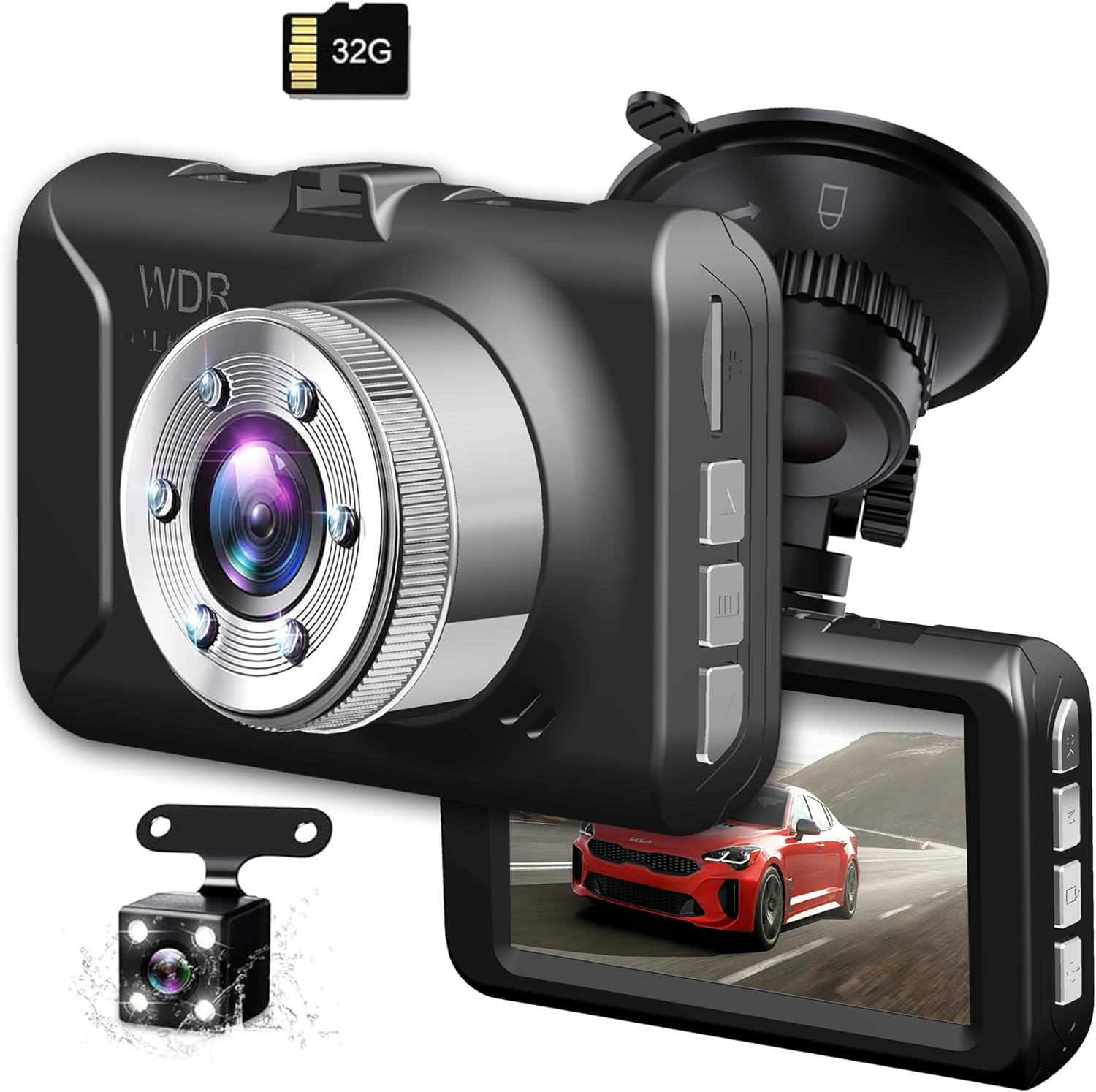 小型 ドライブレコーダー 前後2カメラ 車載 ドラレコ 小型ドラレコ 1296P 使用しているのはSONY製イメージセンサー 3インチ液晶画面 HD画質 32gbカード付き 170度超広角 前後カメラ HDR/WDR画像補正技術 上書き録画 常時録画 動体検知 夜間撮影 エンジン連動
