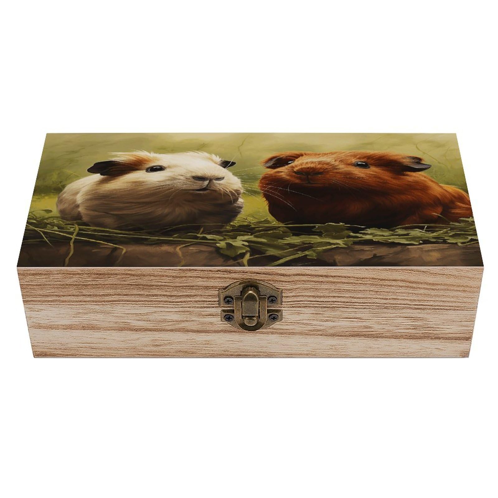 Btcowzrv Style Guinea Pig On The Grass Wooden Storage Box, Keepsake Box With Hinged And Retro Lock, Wood Jewelry Organizer For Photos & Mementos And Home Decor