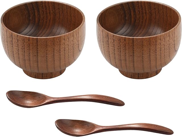 Alliteqwe 4 Pieces Wooden Handmade Bowl and Spoon for for Rice Miso Serving Home Kitchen Tableware