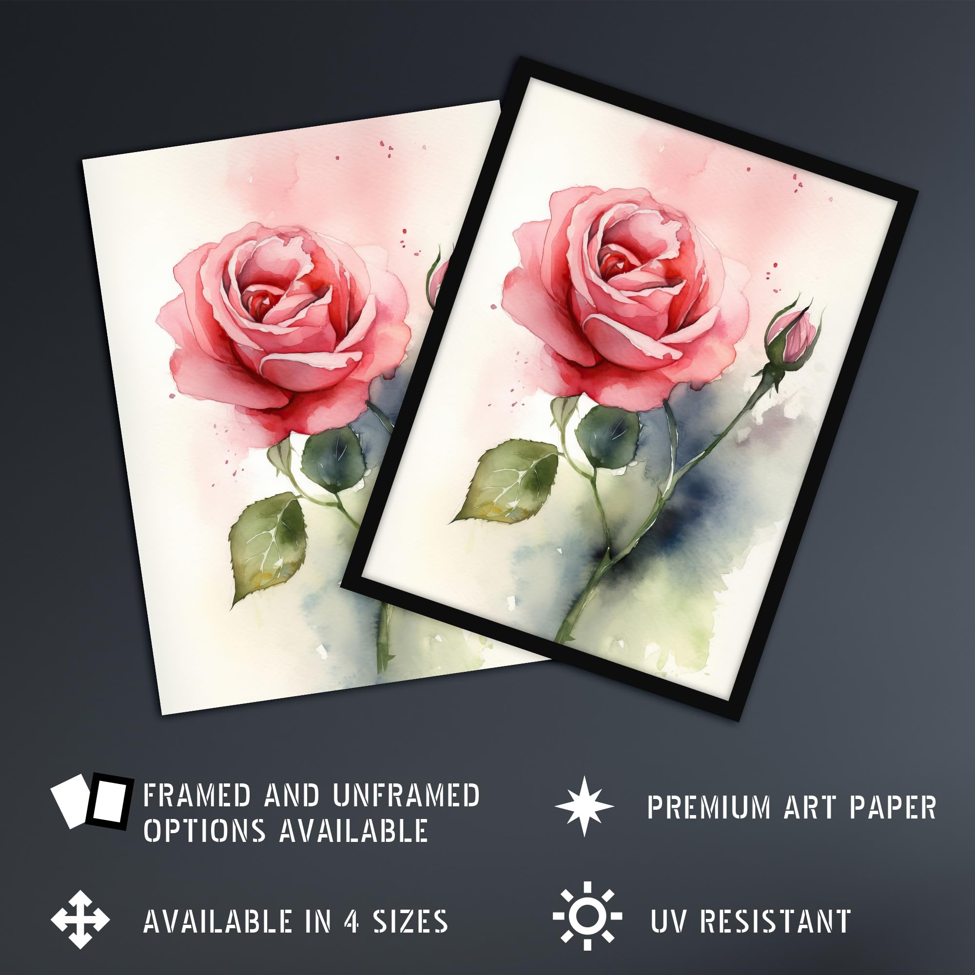 Artery8 Rose Bloom Flower Soft Watercolour Painting Green Pink Single Bloom With Bud Elegant Spring Romance Nature Colourful Bright Floral Modern Artwork Extra Large XL Wall Art Poster Print - Image 2