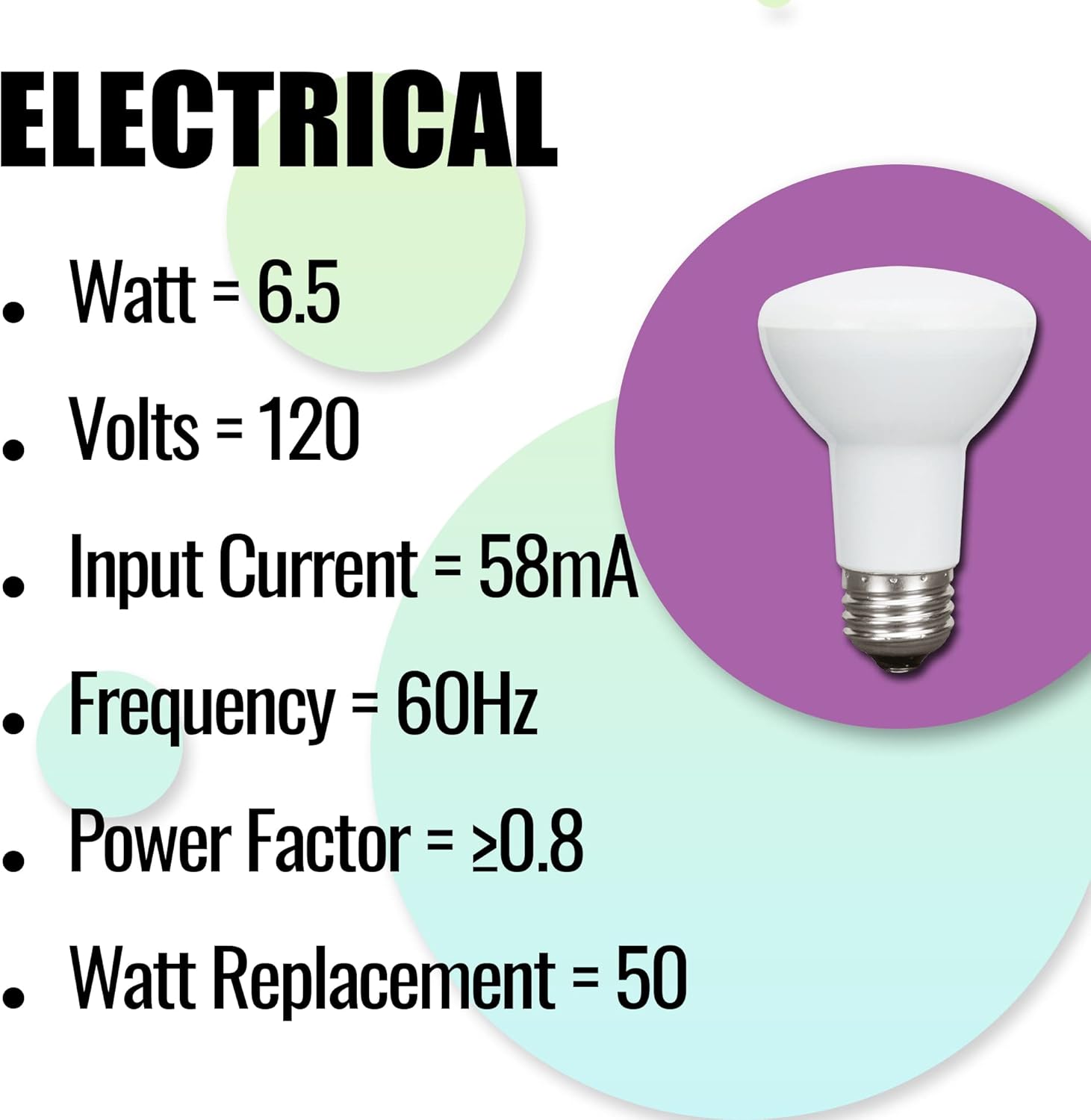 Pack of 6, BR20 LED Bulb, 6.5W=50W, Dimmable, 80 CRI, 2700K Warm White, 460 LM, 25,000 hr Lifetime, E26 Base, Indoor Flood Light for Home or Office Space