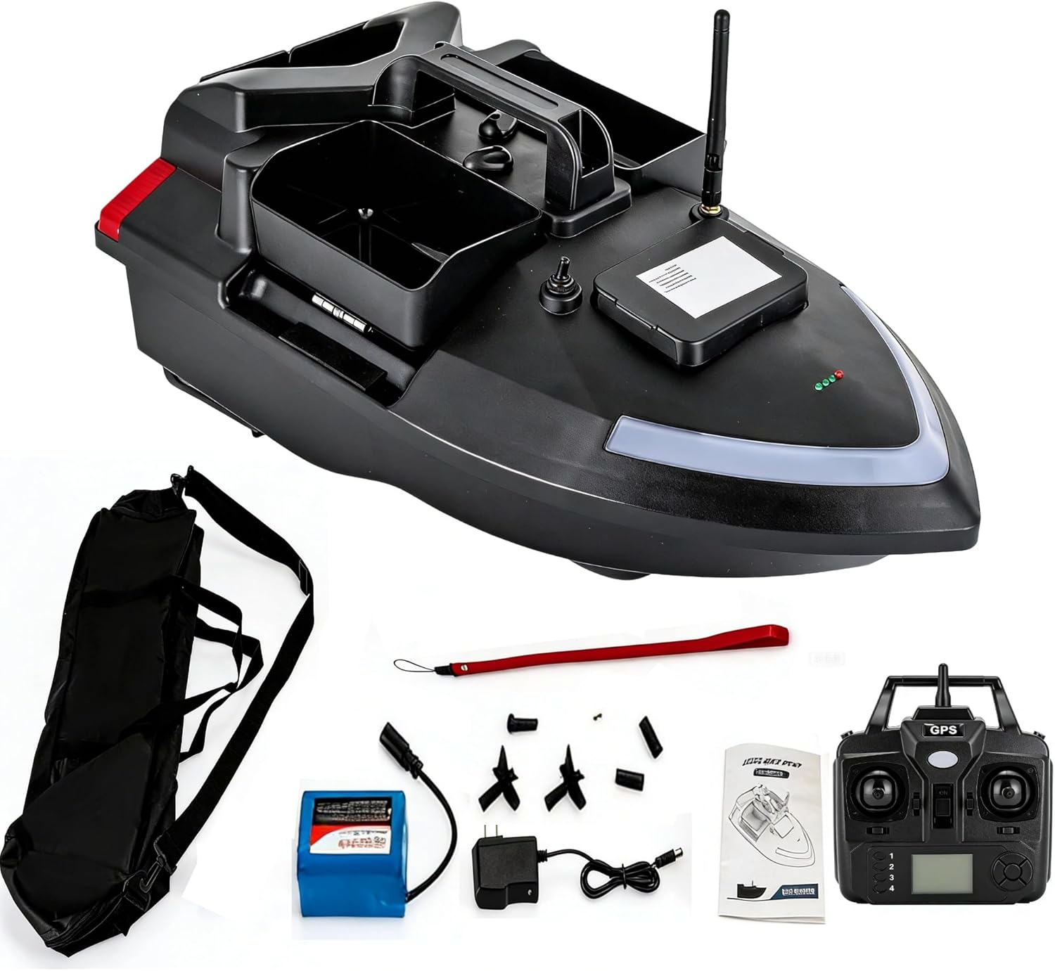 Bait Boat, RC Fishing Bait Boat with GPS and Auto Return with 12000mAh Battery, 4.41lb Load, Auto Cruise and Return, Night Vision, Dual Motor, Long-Range Fishing Bait for Serious Anglers (Black)