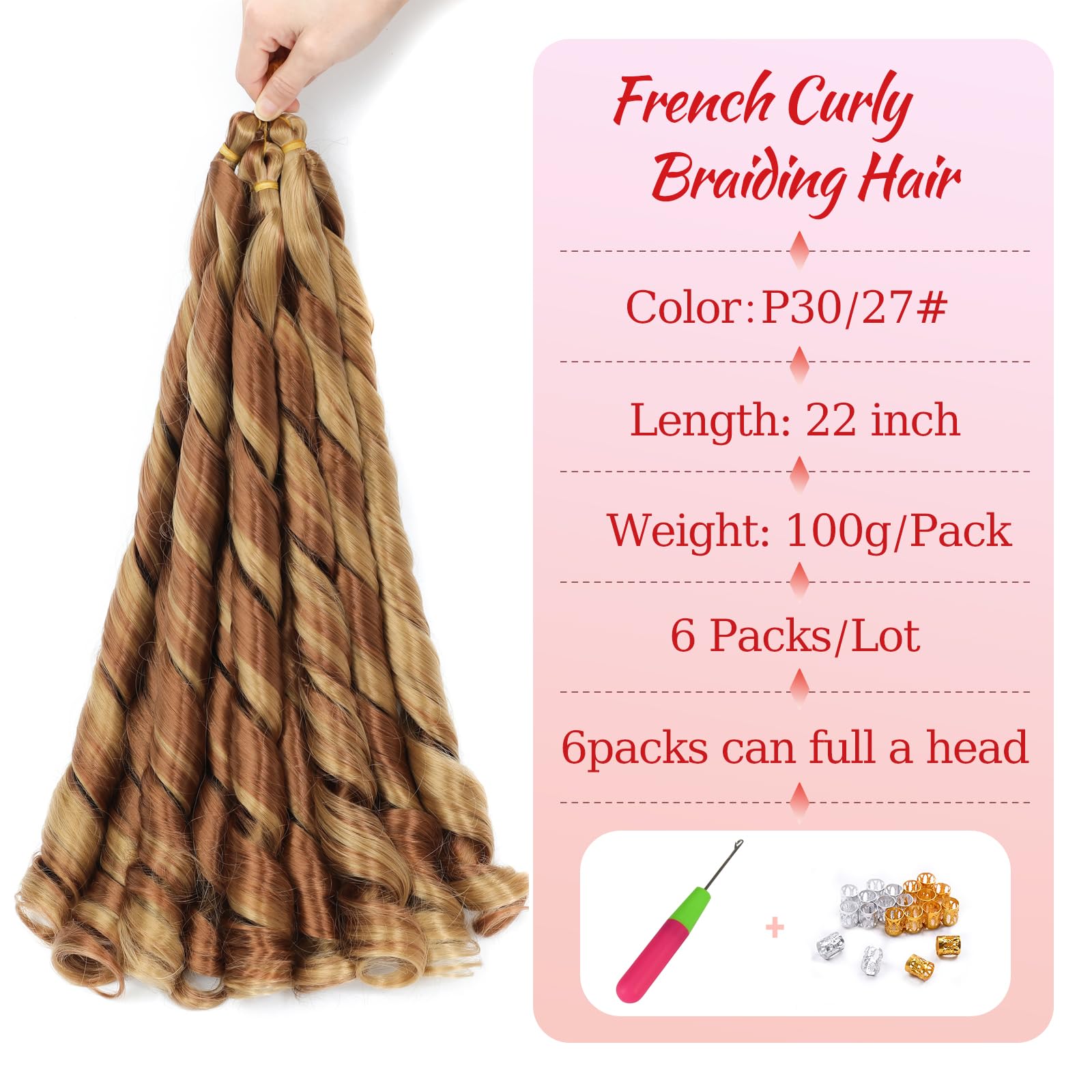 French Curly Braiding Hair for Box Braids 22 inch Loose Wave Braiding Hair Pre Stretched Bouncy Braiding Crochet Spiral Curl Synthetic Extensions for Women (P30/27# - Image 2