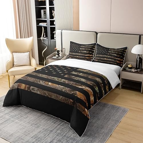 Miniatura 2 de Erosebridal Juego de ropa de cama 100% algodón con camuflaje de bandera americana, funda de edredón rústica con árboles y hojas para cazadores