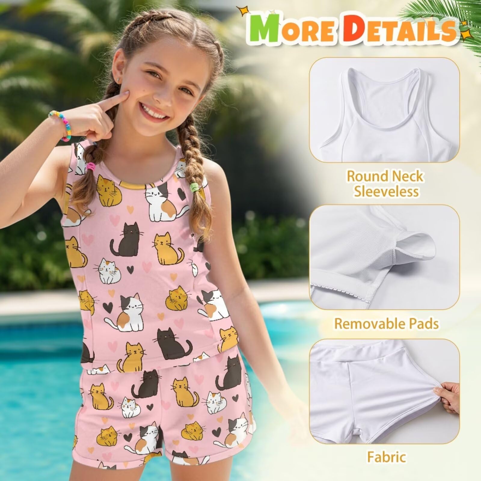 Mädchen-Badeanzüge für Alter 6–15 Jahre, 2-teilige Bademode, Rundhalsausschnitt, ärmelloses Tanktop mit Boardshorts