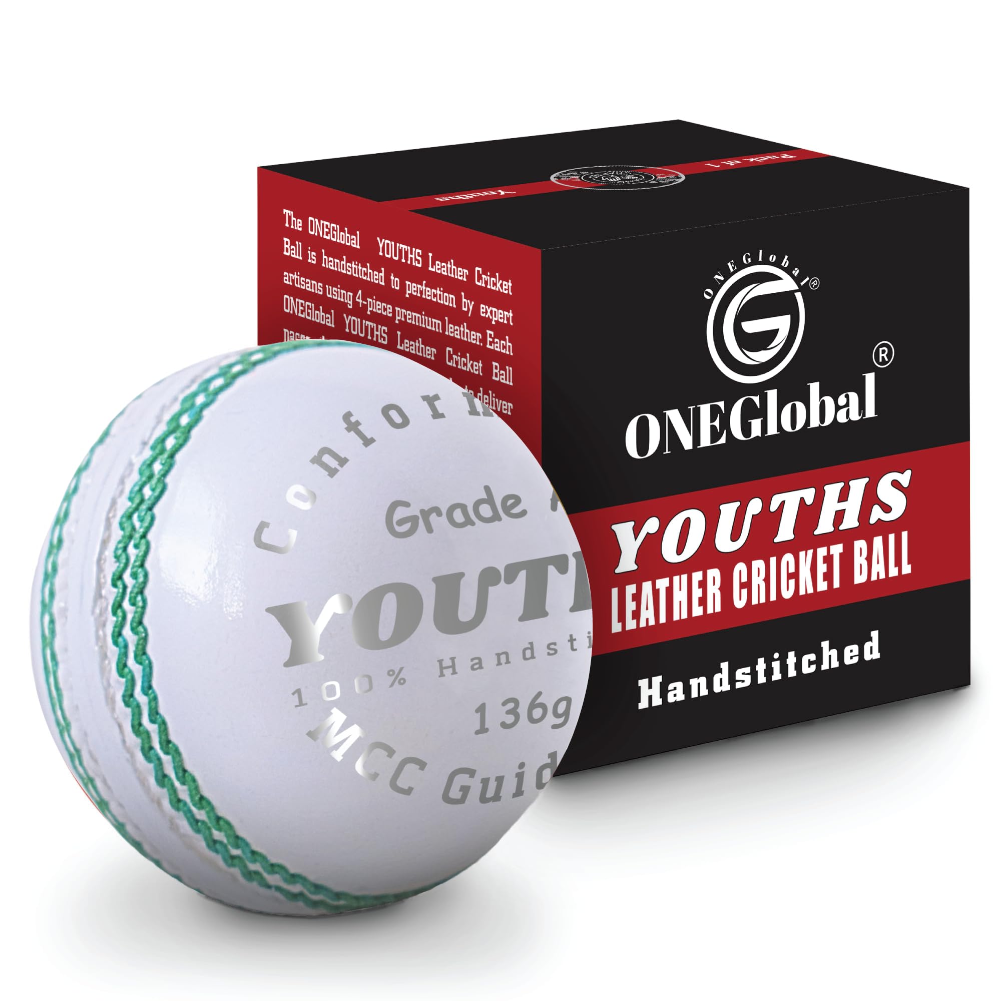 ONEGlobal Supreme Genuine Leather Cricket Ball | Leather Ball with Handstitched Seam | Match Quality Hard Balls for Club & League Matches (4.75oz Youths, 1-White)