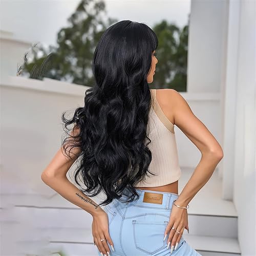 Miniatura 4 de VKheroKV WL-01 - Peluca ondulada de color rosa degradado con flequillo de pelo sintético resistente al calor, pelucas rizadas naturales para